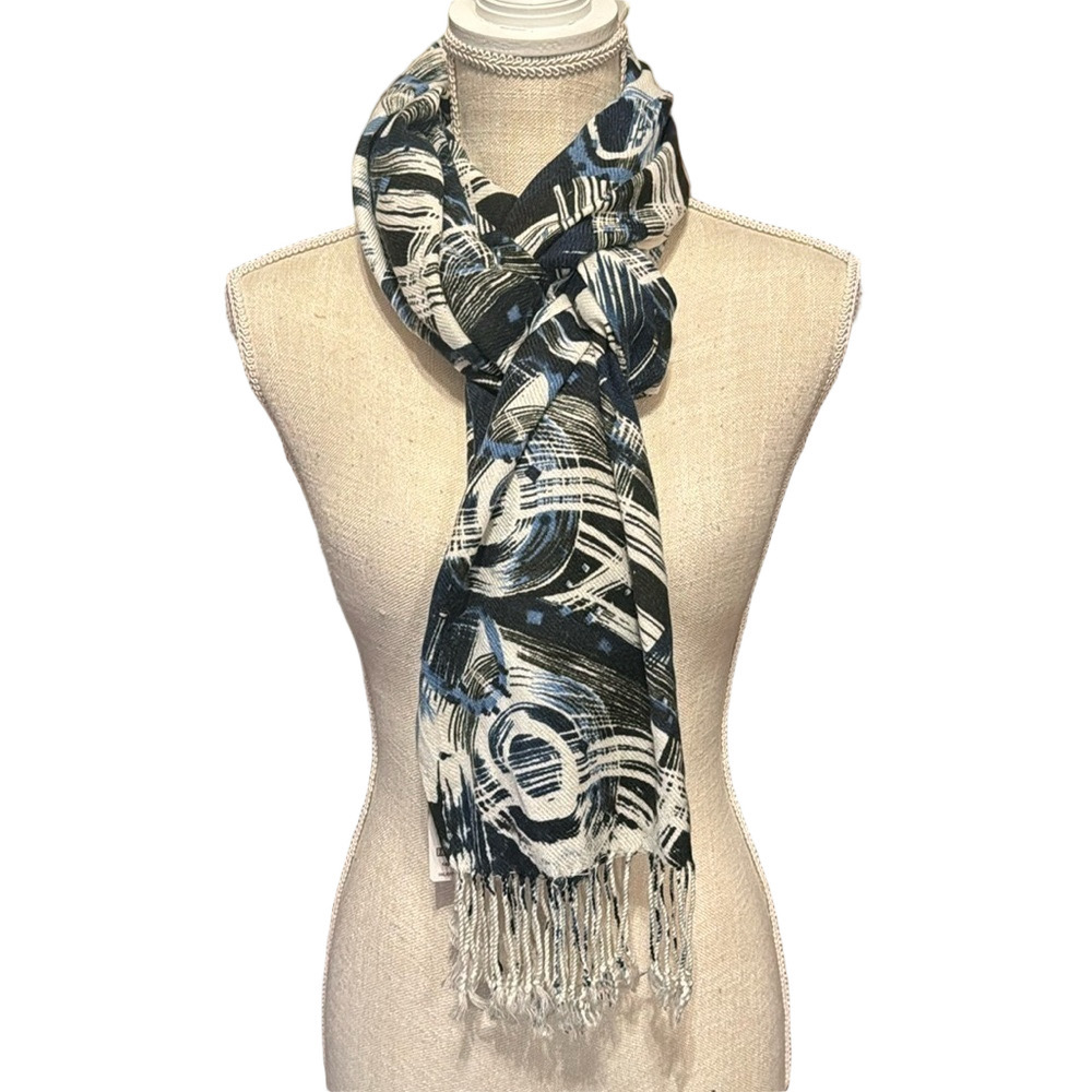 Tibetan Swirl Pattern Scarf Wrap with Fringe